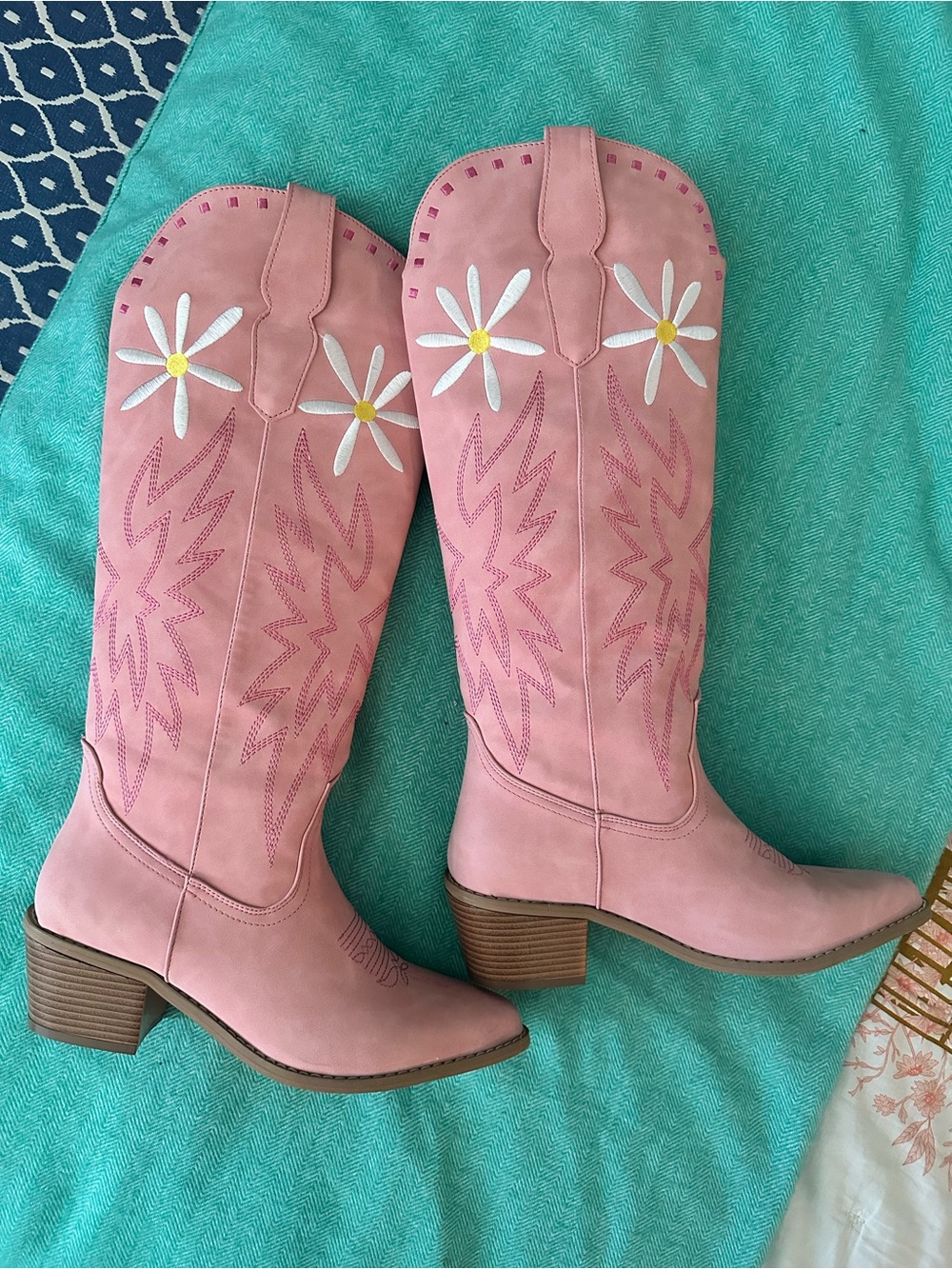 Pink Lily x Krista Horton Pink Daisy Embroidered Western Cowboy Boots